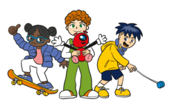 ©ÖSZ Illustration einer Kindergruppe mit drei Kindern und einem roten Roboter. Ein Kind hat eine Brille auf und fährt auf einem Skateboard. Ein Kind hat rote kurze Haare und eine Latzhose an. Ein Kin hat ein Jo-jo. Das Mädchen mit dne orangen Haaren hält den roten Roboter. Er hat ein Auge.