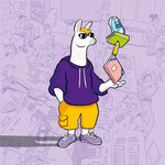 © Eric Chen Stehendes Lama vor lila Hintergrund. Lama trägt eine Sonnenbrille und balanciert einen stift, ein HEft und einen Shcuh auf einem Arm.